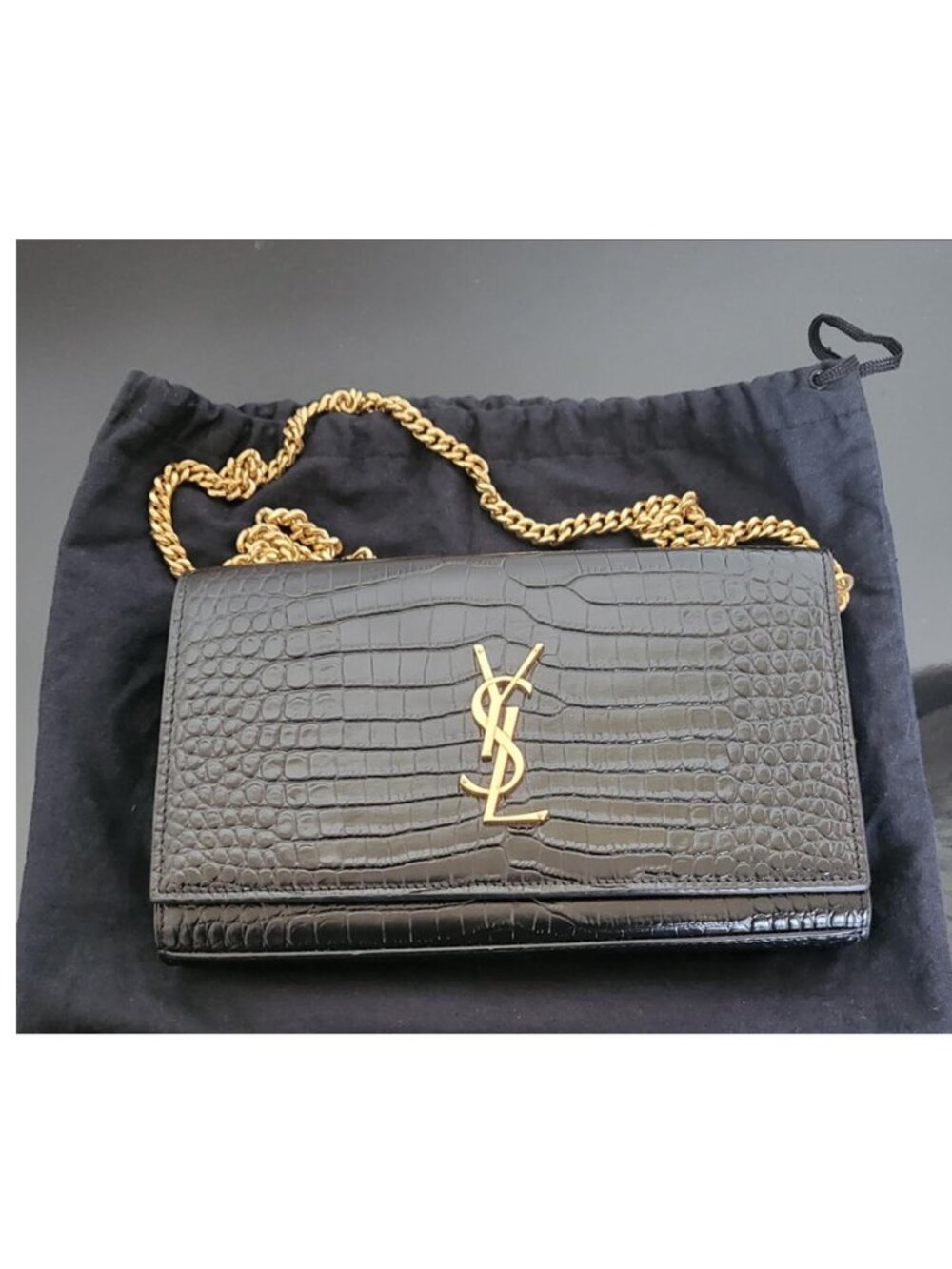 Yves Saint Laurent Kate Matte Crocodile Leather embossed Shoulder Bag Black